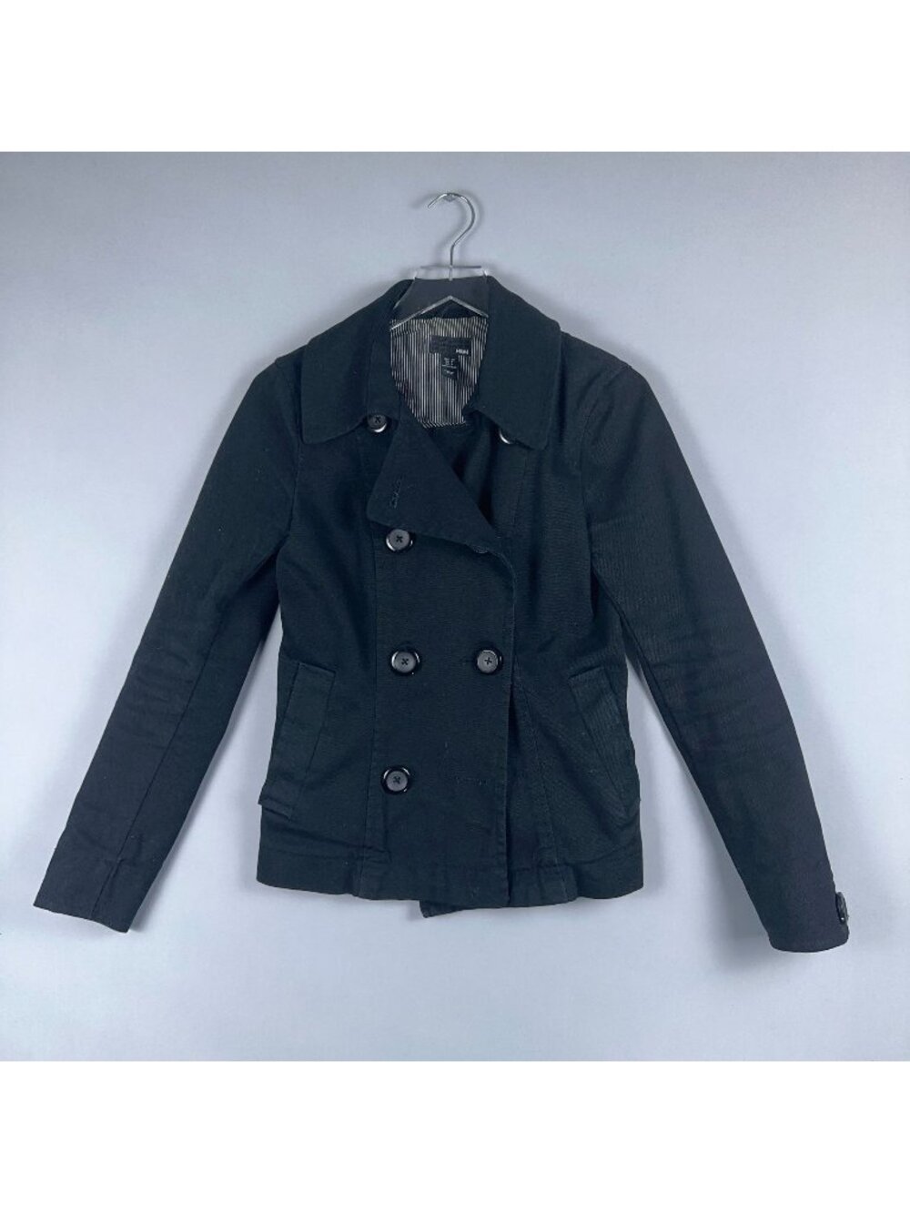 H&M Peacoat Jacket Coat Womens Size 6 Black Double Breasted Folded Collar
